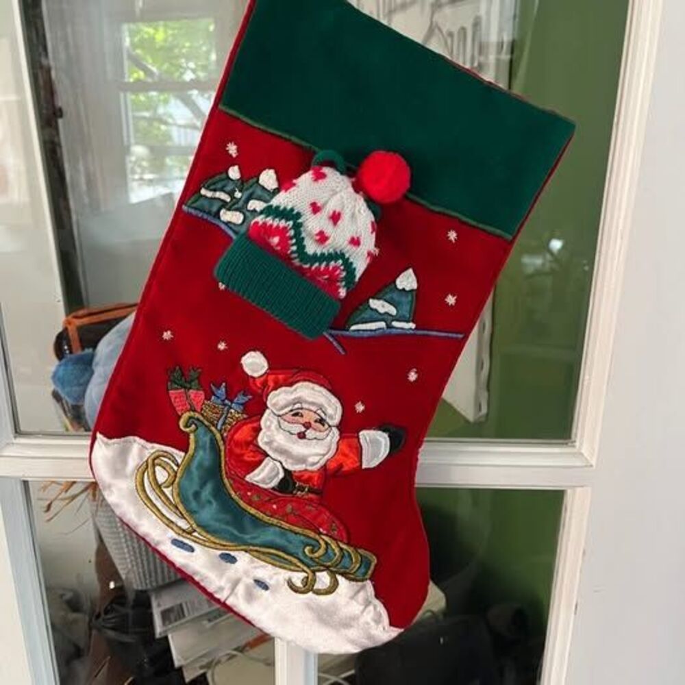 Vintage Santa in Sleigh Christmas Stocking with 3D Knit Hat